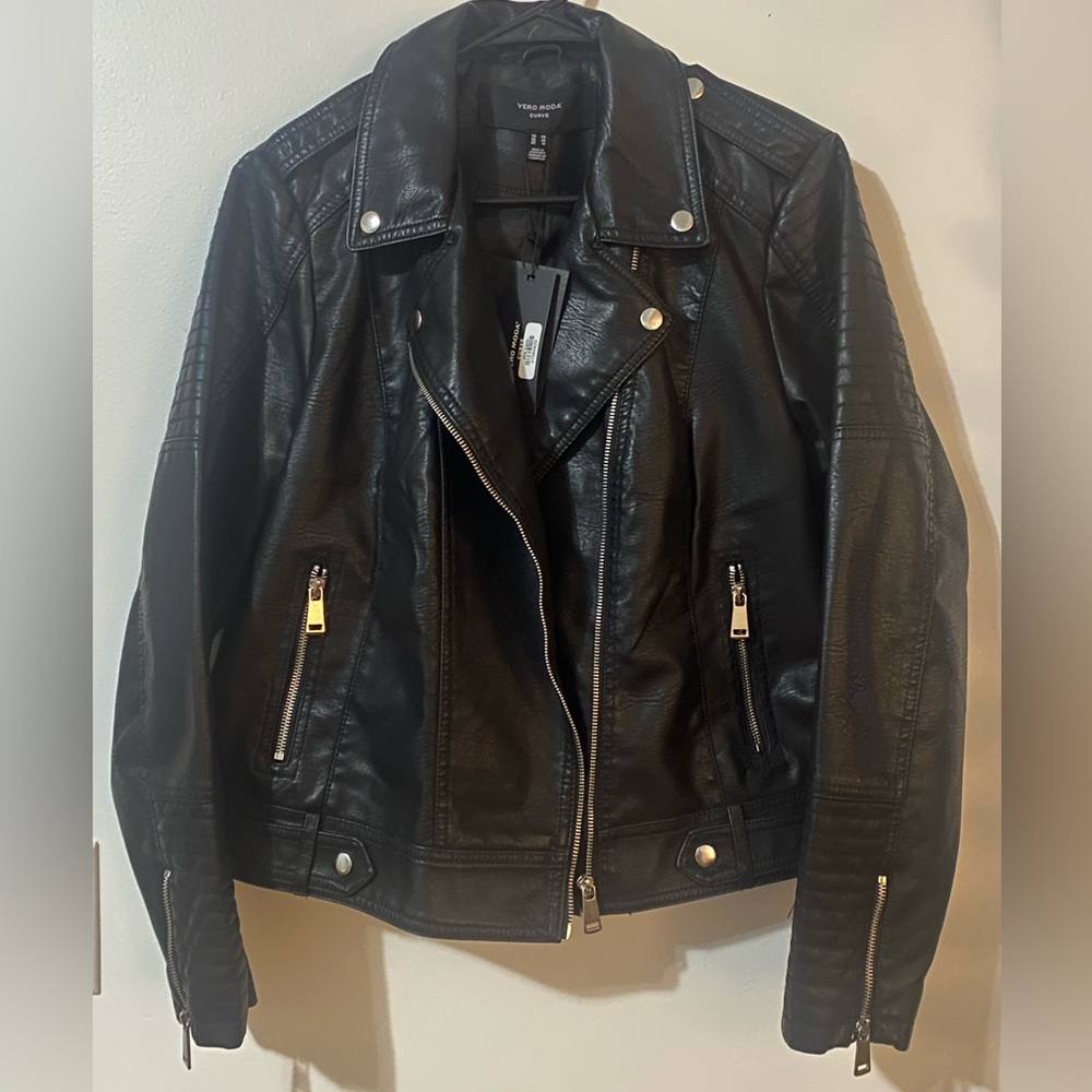 Vera Moda Curve Black Faux Leather Moto Jacket Size 16 XL